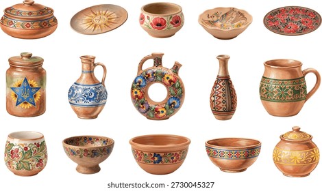 A diverse set of hand-painted Ukrainian ceramic vessels and plates featuring traditional ethnic patterns, floral motifs, and national symbols on a white background.
