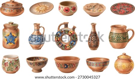 A diverse set of hand-painted Ukrainian ceramic vessels and plates featuring traditional ethnic patterns, floral motifs, and national symbols on a white background.