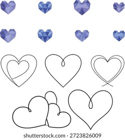 Um conjunto diversificado de ilustrações cardíacas com dois estilos artísticos distintos para máxima flexibilidade de design. A seção superior contém 8 corações geométricos de baixo-poli em tons de lavanda e azul, criando um efeito cristalino, facetado 3D