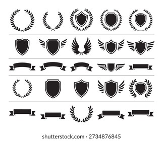 Diverse set of heraldic shapes including decorative wings laurel leaves and empty shield silhouettes