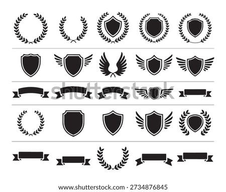 Diverse set of heraldic shapes including decorative wings laurel leaves and empty shield silhouettes