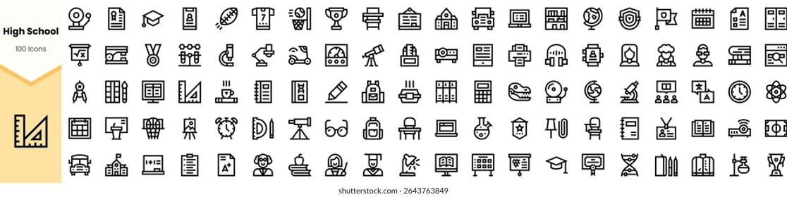 A diverse set of high school-themed icons showcasing various aspects of education, activities, and facilities in a clean, monochromatic design.