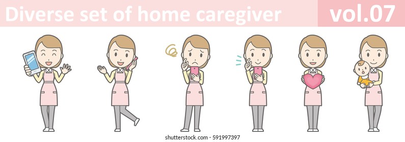 Diverse set of home caregiver, EPS10 vol.07 (Illustration of a home helper woman wearing an apron)