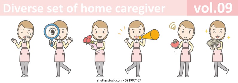 Diverse set of home caregiver, EPS10 vol.09 (Illustration of a home helper woman wearing an apron)