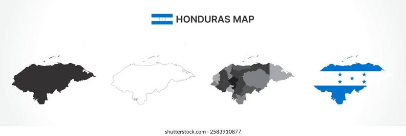 A diverse set of Honduras maps, including a black silhouette, detailed outline, political division map with departments, and a flag-themed version, ideal for educational and design purposes