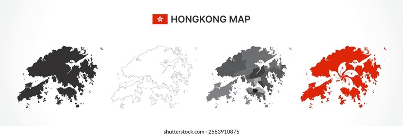 A diverse set of Hong Kong maps, including a black silhouette, detailed outline, political division map with districts, and a flag-themed version, ideal for educational and design purposes