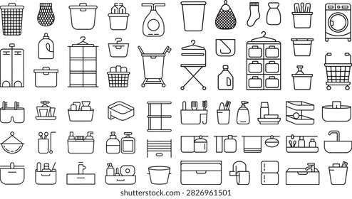 A diverse set of household objects including baskets bottles shelves storage units cleaning supplies and appliances arranged in a pattern for organization and home utility