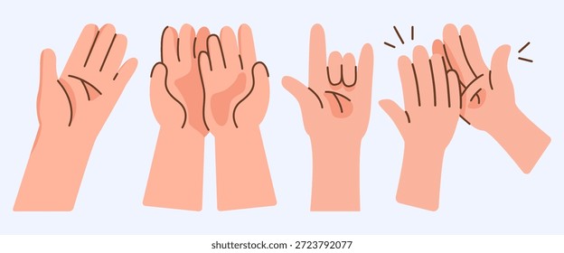 A diverse set of human hand gestures showcasing different forms of communication. Features high-fives and clapping, illustrating interaction and positive emotions in a modern, flat vector