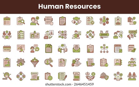 A diverse set of human resources icons illustrating recruitment, compliance, and employment practices, featuring colors in green and brown tones for a modern aesthetic.