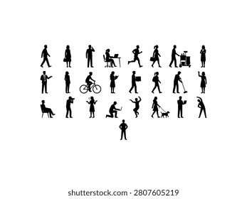 Diverse set of human silhouettes engaged in daily life and work activities