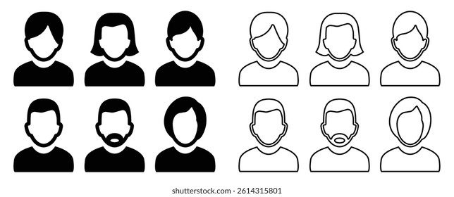 Diverse Set of Human Silhouettes Representing Various Hairstyles and Genders