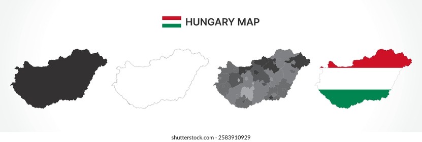 A diverse set of Hungary maps, including a black silhouette, detailed outline, political division map with counties, and a flag-themed version, ideal for educational and design purposes