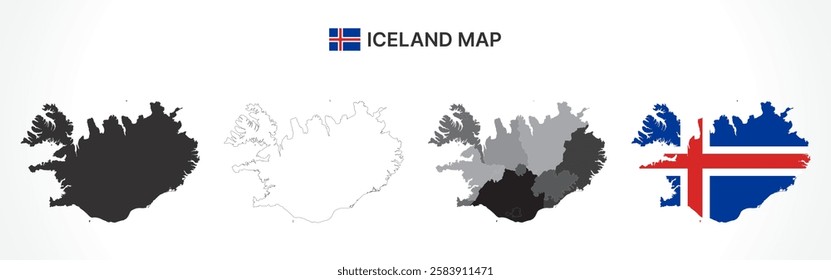 A diverse set of Iceland maps, including a black silhouette, detailed outline, political division map with regions, and a flag-themed version, ideal for educational and design purposes