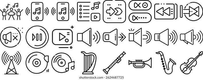 Diverse set icon collection featuring musical instruments, audio symbols, smartphone music playlists and control buttons in black and white