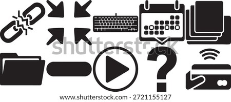 diverse set of icon graphics featuring broken chain arrows keyboard calendar sheets folder play button question mark and credit card.