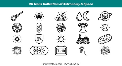 A diverse set of icons depicting celestial bodies, space exploration tools, and astronomy themes.