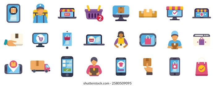 Diverse set of icons illustrating various aspects of online shopping, delivery, and e commerce, from ordering to receiving goods