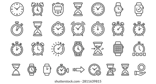 A diverse set of icons and illustrations representing different types of clocks and time-related symbols.