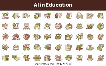 A diverse set of icons representing AI applications in education. Features symbols like books, graphs, and learning tools, emphasizing technology's role in modern learning.