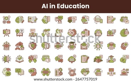 A diverse set of icons representing AI applications in education. Features symbols like books, graphs, and learning tools, emphasizing technology's role in modern learning.
