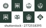 Diverse set of icons representing apple cider production including apple presses fruit slices and drops in a clean monochromatic style