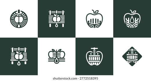 Diverse set of icons representing apple cider production including apple presses fruit slices and drops in a clean monochromatic style