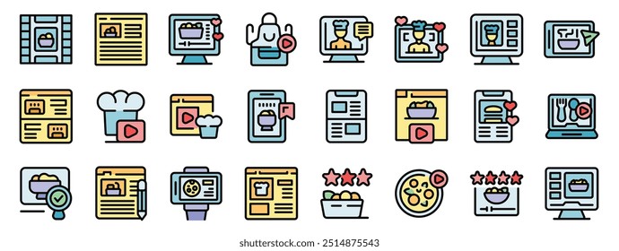 Diverse set of icons representing food blogging activities, online culinary content creation, and digital food experiences