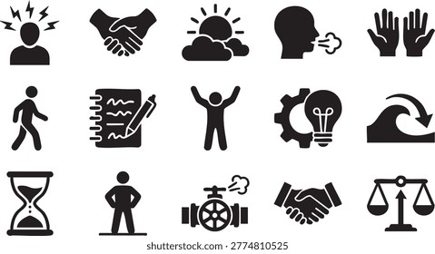 Diverse set of icons representing human emotions, relationships, nature elements, and personal development.
