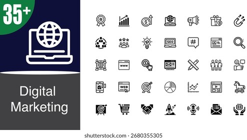 A diverse set of icons representing key aspects of digital marketing including SEO analytics social media advertising email campaigns and more for comprehensive online strategy.