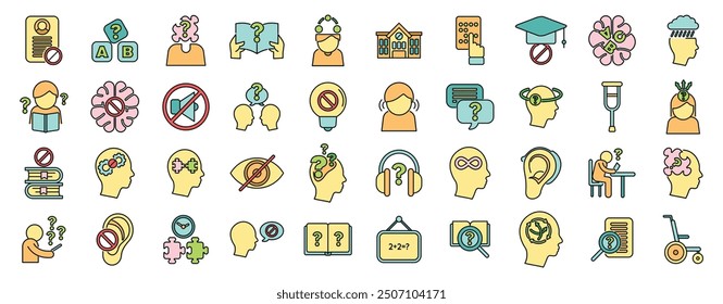 Diverse set of icons representing various aspects of learning difficulties, cognitive impairment, and mental health