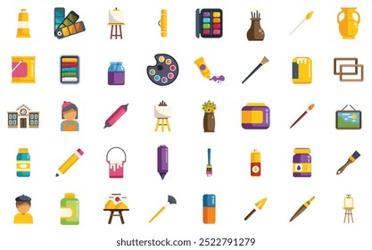 Diverso conjunto de ícones representando várias ferramentas de pintura artística e equipamentos para desenho e pintura