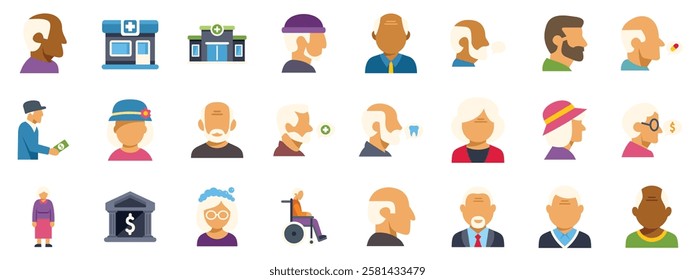 Diverse set of icons representing various aspects of senior life, including healthcare, financial matters, and everyday activities