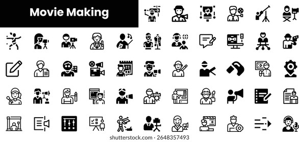 A diverse set of icons representing various aspects of movie making, including directing, editing, and production roles, in a minimalist black design.