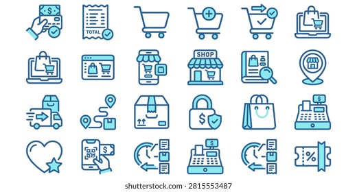 A diverse set of icons representing various aspects of e-commerce and online shopping.