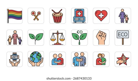 A diverse set of icons symbolizing social justice, equality, environmental protection, and community support.