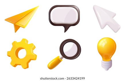 A diverse set of icons that includes a paper airplane, a gear, a magnifying glass, and also a light bulb for various uses