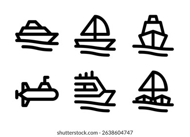 A diverse set of icons for water transportation. Ideal for travel agencies, marine projects, and logistics platforms covering ships, boats, and submarines.