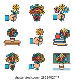 A diverse set of illustrations featuring hands holding bouquets, flowers in vases, and floral arrangements on desks and tables, symbolizing gifts and celebrations.