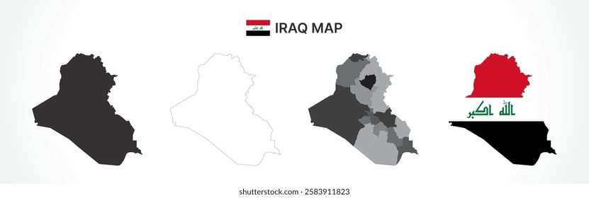 A diverse set of Iraq maps, including a black silhouette, detailed outline, political division map with governorates, and a flag-themed version, ideal for educational and design purposes