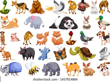 Diverse set of isolated animals on white illustration