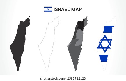 A diverse set of Israel maps, including a black silhouette, detailed outline, political division map with districts, and a flag-themed version, ideal for educational and design purposes