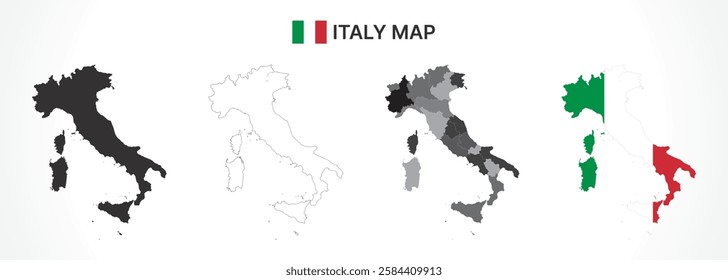 A diverse set of Italy maps, including a black silhouette, detailed outline, political division map with regions, and a flag-themed version, ideal for educational and design purposes