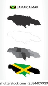 A diverse set of Jamaica maps, including a black silhouette, detailed outline, political division map with parishes, and a flag-themed version, ideal for educational and design purposes