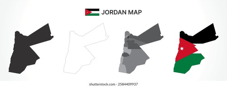 A diverse set of Jordan maps, including a black silhouette, detailed outline, political division map with governorates, and a flag-themed version, ideal for educational and design purposes