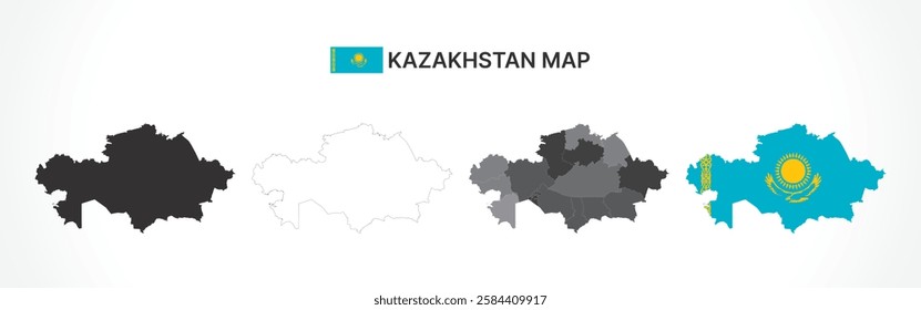 A diverse set of Kazakhstan maps, including a black silhouette, detailed outline, political division map with regions, and a flag-themed version, ideal for educational and design purposes