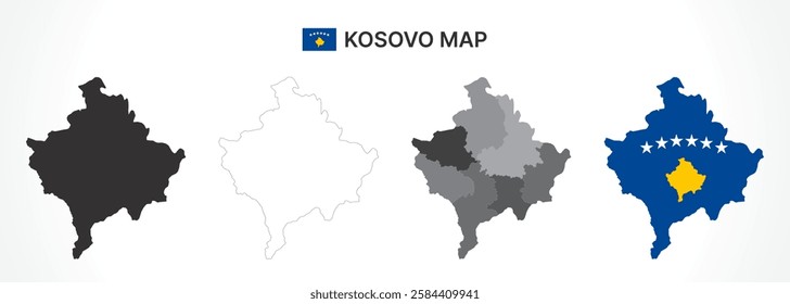 A diverse set of Kosovo maps, including a black silhouette, detailed outline, political division map with municipalities, and a flag-themed version, ideal for educational and design purposes