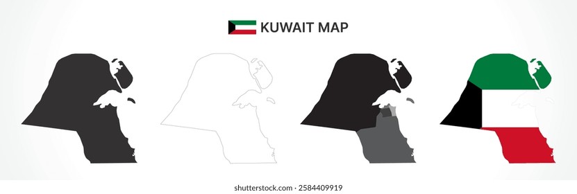 A diverse set of Kuwait maps, including a black silhouette, detailed outline, political division map with governorates, and a flag-themed version, ideal for educational and design purposes