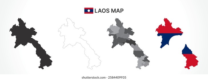 A diverse set of Laos maps, including a black silhouette, detailed outline, political division map with provinces, and a flag-themed version, ideal for educational and design purposes