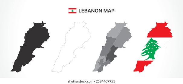 A diverse set of Lebanon maps, including a black silhouette, detailed outline, political division map with governorates, and a flag-themed version, ideal for educational and design purposes