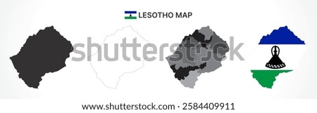 A diverse set of Lesotho maps, including a black silhouette, detailed outline, political division map with districts, and a flag-themed version, ideal for educational and design purposes